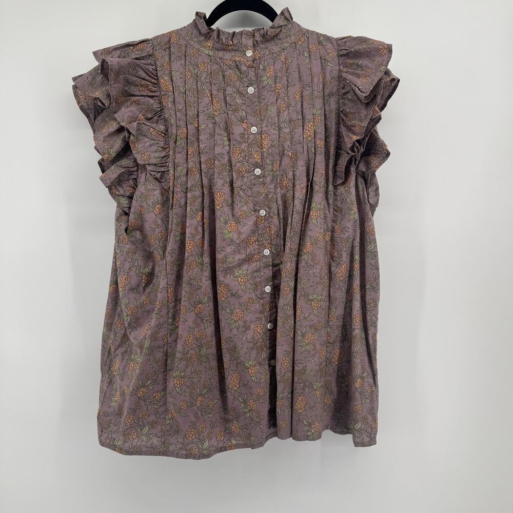 Victoria Dunn Jameson Ruffle Blouse Sz 2XL Floral Pleated Cotton Top Block Print - Picture 4 of 6
